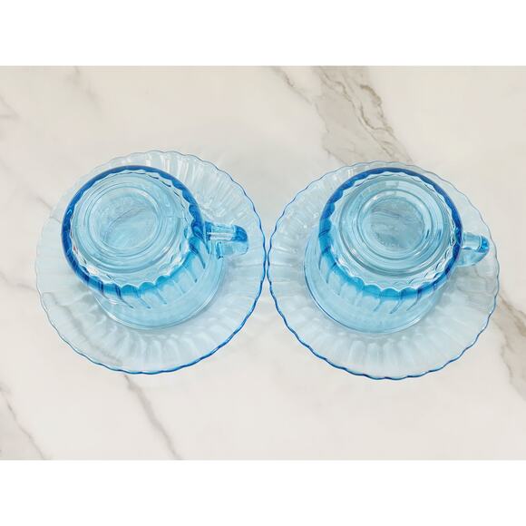 Fortecrisa Azure Ice Blue Glass Tea Cup Saucer 70's Interior Ribbed 3" Mexico x4 - Picture 8 of 13